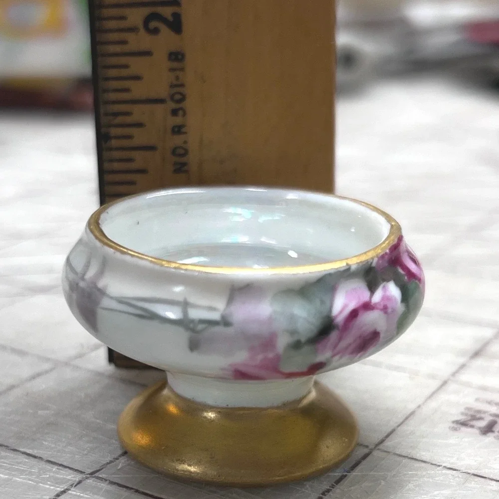 Vintage Hand Painted Porcelain Salt Cellars Set of 6 Pink Rose Gold Footed Bowls